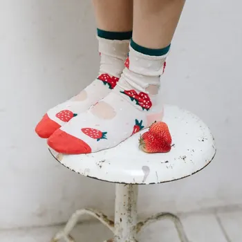 Женские носки Нишевые Harajuku с клубникой и апельсином, Весенние женские носки в элегантном стиле, Ультратонкие, прозрачные, Миловидные 0