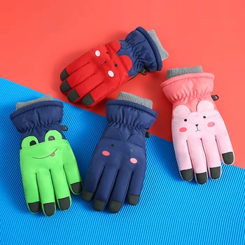 Детские зимние водонепроницаемые перчатки для снега, однотонный мультяшный мишка, ветрозащитные спортивные лыжные перчатки, теплые варежки 3-6 лет