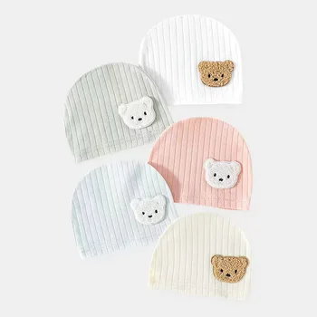 Шапка для новорожденных с мультяшным медведем, Хлопковая шапочка для малышей, Шапочка для новорожденных, Однотонная Шапочка для младенцев 0-6 м