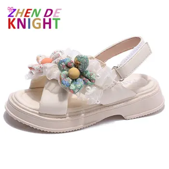 Сандалии для девочек с цветочным жемчугом 2023, летняя новинка, модная обувь принцессы для маленьких девочек, повседневная пляжная обувь на мягкой подошве