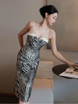 Женское модное облегающее платье с леопардовым принтом на бретелях, летнее Новое Сексуальное платье для выпускного вечера, французская винтажная одежда с тонкой талией