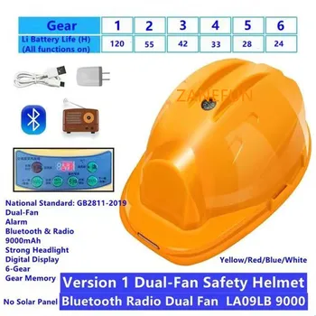 Защитный шлем с 2 вентиляторами и Bluetooth FM-радио, светодиодная подсветка, литиевая батарея емкостью 9000 мАч, 2 вентилятора, непромокаемый строительный шлем 0