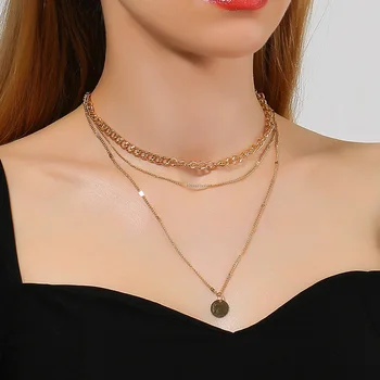 Простые геометрические ожерелья с подвесками в виде круглых дисков для женщин, женские многослойные металлические цепочки, минималистичные украшения