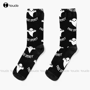 Носки Free Spirit Cute Ghost На Хэллоуин, белые носки для экипажа, мужские персонализированные мужские носки для взрослых, подростков, молодежи, цифровая печать 360 °