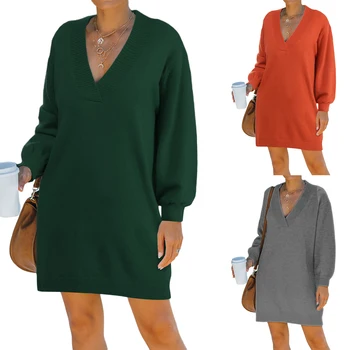 Оригинальное вязаное платье средней длины с V-образным вырезом, женский повседневный свободный пуловер с длинными рукавами, весенне-осенний уличный домашний свитер, куртка Y2K
