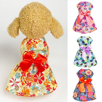 Летняя одежда для собак с цветочным рисунком и бантом, платье для собак и кошек, юбка принцессы, одежда для домашних животных, многоцветная одежда для домашних животных без рукавов для щенков