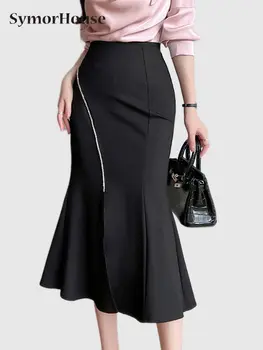 Женские юбки Four Seasons с высокой талией, сексуальная эластичная юбка-русалка с разрезом и бриллиантами, офисная женская юбка Миди в стиле хип
