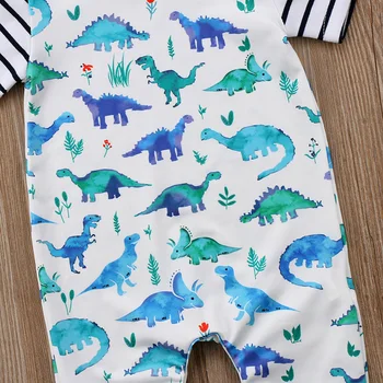 Комбинезон с динозавром 0-24 м для новорожденных мальчиков и девочек, длинный комбинезон в полоску с короткими рукавами и рисунком из мультфильма, одежда для игр 2