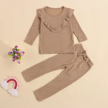 Осенне-зимний детский костюм с футболкой и брюками для девочек 2021 года, модные топы с длинными рукавами и оборками, комплект одежды для младенцев 1