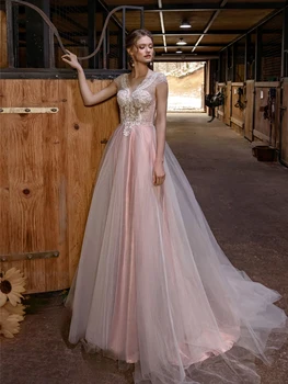 Кружевные рукава-колпачки с V-образным вырезом, роскошное пляжное розовое свадебное платье в стиле бохо 2021, Элегантное полупрозрачное свадебное платье из тюля с жемчугом трапециевидной формы, плюс размер