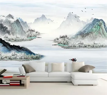 большие фрески wellyu на заказ, стильное обустройство дома, современный минималистичный новый китайский пейзаж тушью на фоне телевизора