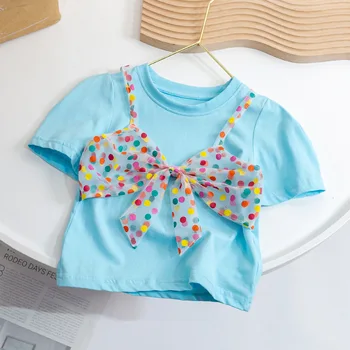 Кружевная футболка для девочек IENENS, Детские футболки с короткими рукавами, Летние Детские Милые Сексуальные топы, Корейская хлопковая футболка для 0-6 лет 3