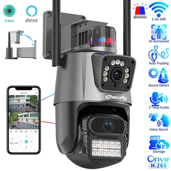Двухэкранная купольная PTZ WiFi камера с двумя объективами ИК-цветная IP-камера ночного видения для наружной безопасности FHD Камеры видеонаблюдения iCSee