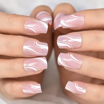 24шт Розовая рябь на накладных ногтях средней длины, квадратный маникюр, многоразовые акриловые поддельные наконечники для дизайна ногтей 