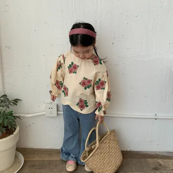Детская одежда 2023, Весенняя новинка, модный Корейский стиль, милая кукольная рубашка с цветочным принтом для девочек