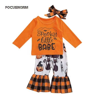 FOCUSNORM/ Осенние комплекты одежды на Хэллоуин для девочек от 0 до 3 лет, топы с длинными рукавами и буквенным принтом, брюки-клеш в клетку с тыквой