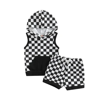 Костюм для маленьких девочек и мальчиков, топы без рукавов с капюшоном и рисунком в шахматном порядке + летние повседневные короткие штаны на завязках.