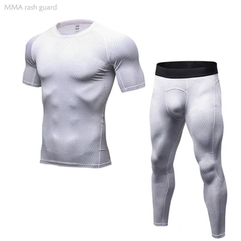 Летняя футболка с коротким рукавом, мужские леггинсы для бега, одежда для тренировок в тренажерном зале, Быстросохнущие спортивные колготки для йоги, белая компрессионная спортивная одежда