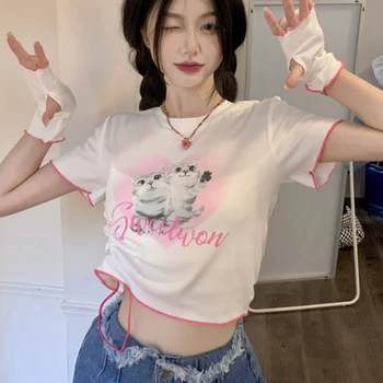 Женская футболка с короткими рукавами в корейском стиле с мультяшным принтом, Новинка Лета 2023, С круглым вырезом, на шнуровке, Плиссированные Сексуальные Топы с рукавами