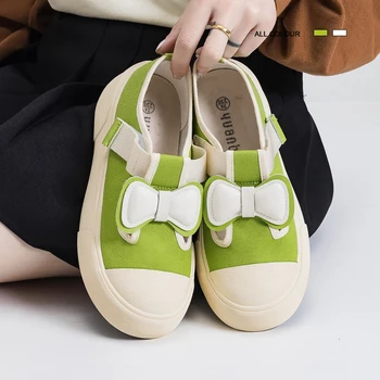 Парусиновая обувь для женщин, милые белые кроссовки с бантом для девочек, модная повседневная обувь на толстой подошве для студентов, Zapatillas Mujer