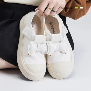 Парусиновая обувь для женщин, милые белые кроссовки с бантом для девочек, модная повседневная обувь на толстой подошве для студентов, Zapatillas Mujer 1