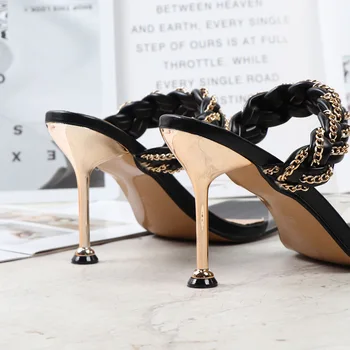 2023 Роскошные женские босоножки на высоком каблуке 9,5 см, шлепанцы, летние босоножки, тапочки с металлической цепочкой, обувь для выпускного вечера на платформе, Плетеная кожаная обувь для вечеринок, золотые туфли 3
