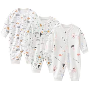 Летняя хлопковая одежда для новорожденных, комбинезон для девочек с круглым вырезом и длинными рукавами, комбинезон для мальчиков 0-24 месяцев 1