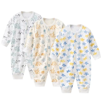 Летняя хлопковая одежда для новорожденных, комбинезон для девочек с круглым вырезом и длинными рукавами, комбинезон для мальчиков 0-24 месяцев 2