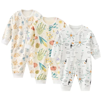 Летняя хлопковая одежда для новорожденных, комбинезон для девочек с круглым вырезом и длинными рукавами, комбинезон для мальчиков 0-24 месяцев 4
