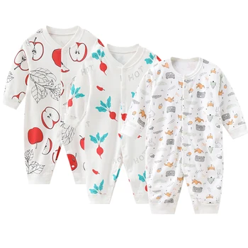 Летняя хлопковая одежда для новорожденных, комбинезон для девочек с круглым вырезом и длинными рукавами, комбинезон для мальчиков 0-24 месяцев 5