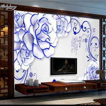 Классический фон для телевизора с рельефом в виде сине-белого пиона beibehang, выполненные на заказ большие фрески из нетканых материалов, экологичные обои