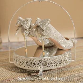 Роскошные Новые женские Сексуальные туфли-лодочки с острым носком, кристаллами и пайетками, Тонкие туфли на высоком каблуке, Милая обувь-бабочка, Женские свадебные туфли-лодочки на высоком каблуке 2