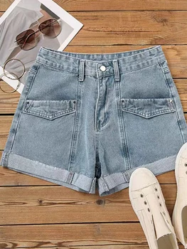 FTLZZ/ Новые Летние Винтажные джинсовые шорты, женские повседневные джинсовые шорты с высокой талией и карманами, женские модные однотонные шорты. 5