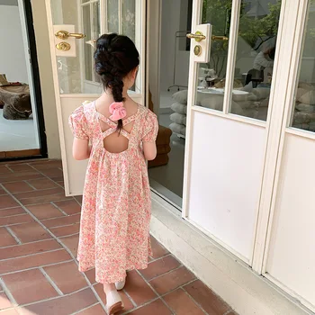 Модное розовое платье с открытой спиной в цветочек, хлопковое повседневное платье принцессы для маленьких девочек