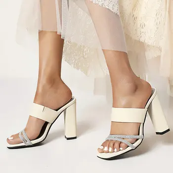 Летние женские босоножки на высоком квадратном каблуке 2021 года, Модные тапочки-слипоны с блестками, Женские вечерние туфли с открытым носком, Черный, бежевый