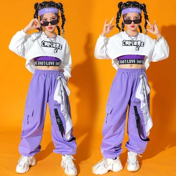Детская одежда в стиле хип-хоп для подростков, одежда для девочек, толстовка, укороченный топ, рубашка с длинными рукавами, брюки-карго на бретелях, детский танцевальный костюм в стиле хип-хоп