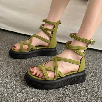 2023 Летние Новые Римские сандалии, Модные женские ботинки на толстой подошве с открытым носком, на молнии, на танкетке, нескользящие черные полые сандалии Fairy Wind