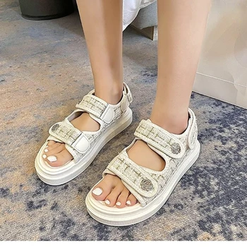 Женские модные сандалии 2023, летние новые повседневные римские дизайнерские туфли с вышивкой на плоской подошве, сандалии на платформе 0