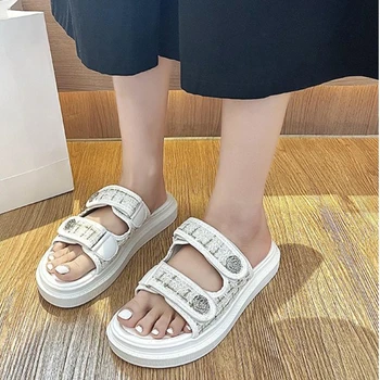 Женские модные сандалии 2023, летние новые повседневные римские дизайнерские туфли с вышивкой на плоской подошве, сандалии на платформе 3