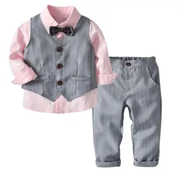 Комплект одежды для мальчиков, Парадный костюм Джентльмена, Белая Рубашка с галстуком-бабочкой + Серые брюки, Праздничная свадебная Красивая Детская Одежда Для мальчиков, Одежда