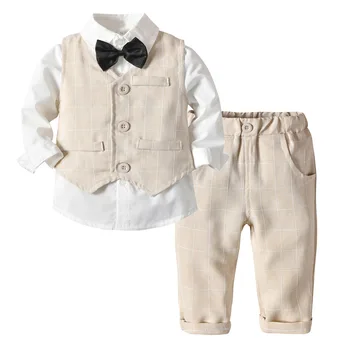 Комплект одежды для мальчиков, Парадный костюм Джентльмена, Белая Рубашка с галстуком-бабочкой + Серые брюки, Праздничная свадебная Красивая Детская Одежда Для мальчиков, Одежда 1